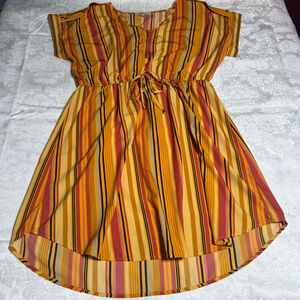 Women's Speed Control New York High Low Dress 1X Yellow Red Striped